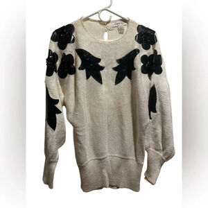 1980s vintage angora leaf and flora sequin sweater white black sweater